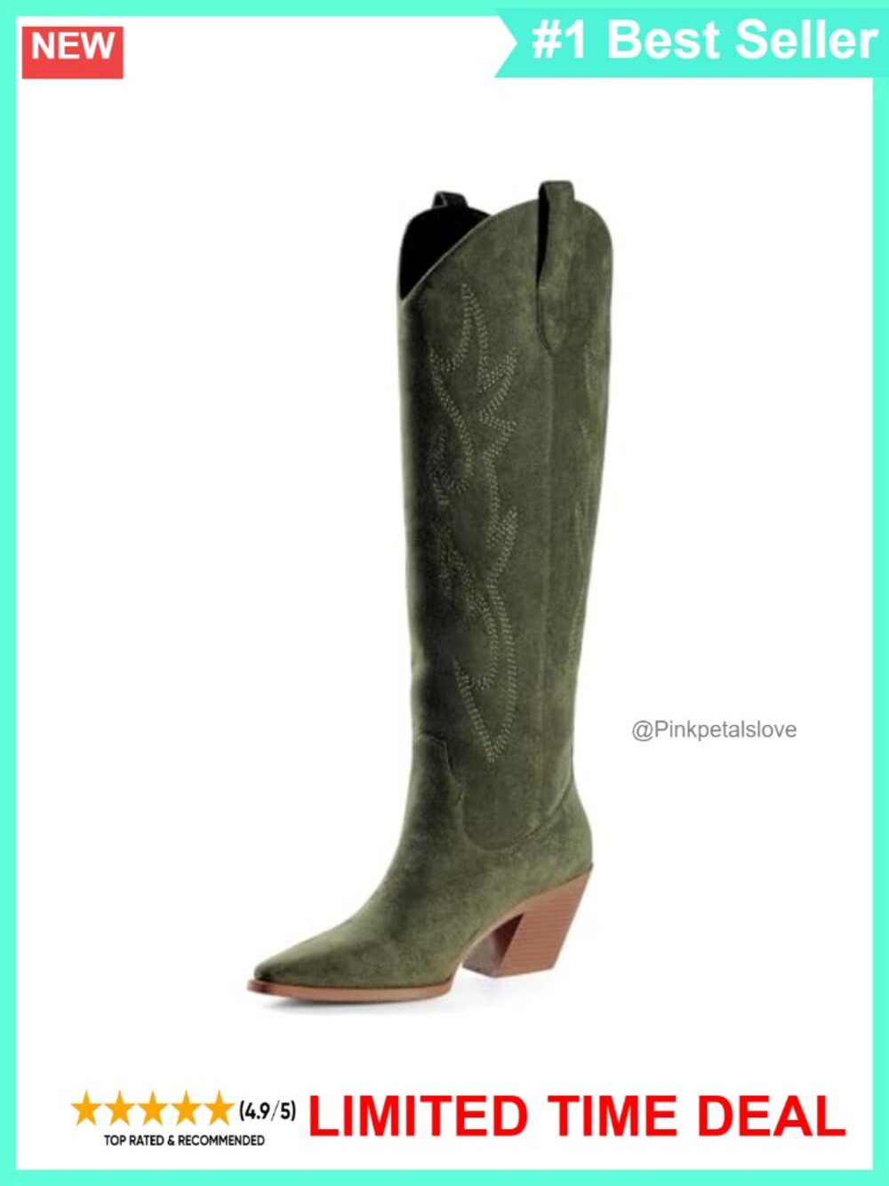 Knee High Cowboy Boots Pointed Toe Block Heel Faux Suede Western Embroidered